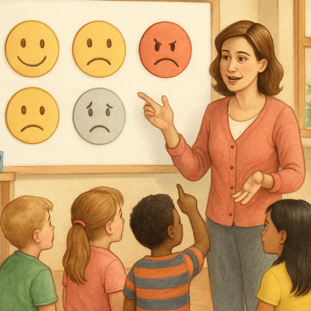 A teacher engaging a classroom of young children in an emotional intelligence activity, such as identifying emotions through facial expressions. Teacher engaging children in an emotional intelligence activity.