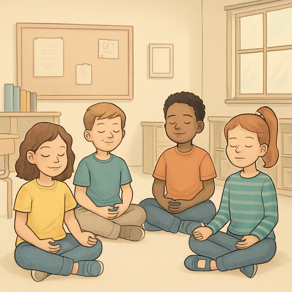 A smiling child practicing mindfulness techniques with their peers in a school setting. Child practicing mindfulness techniques in a school setting.