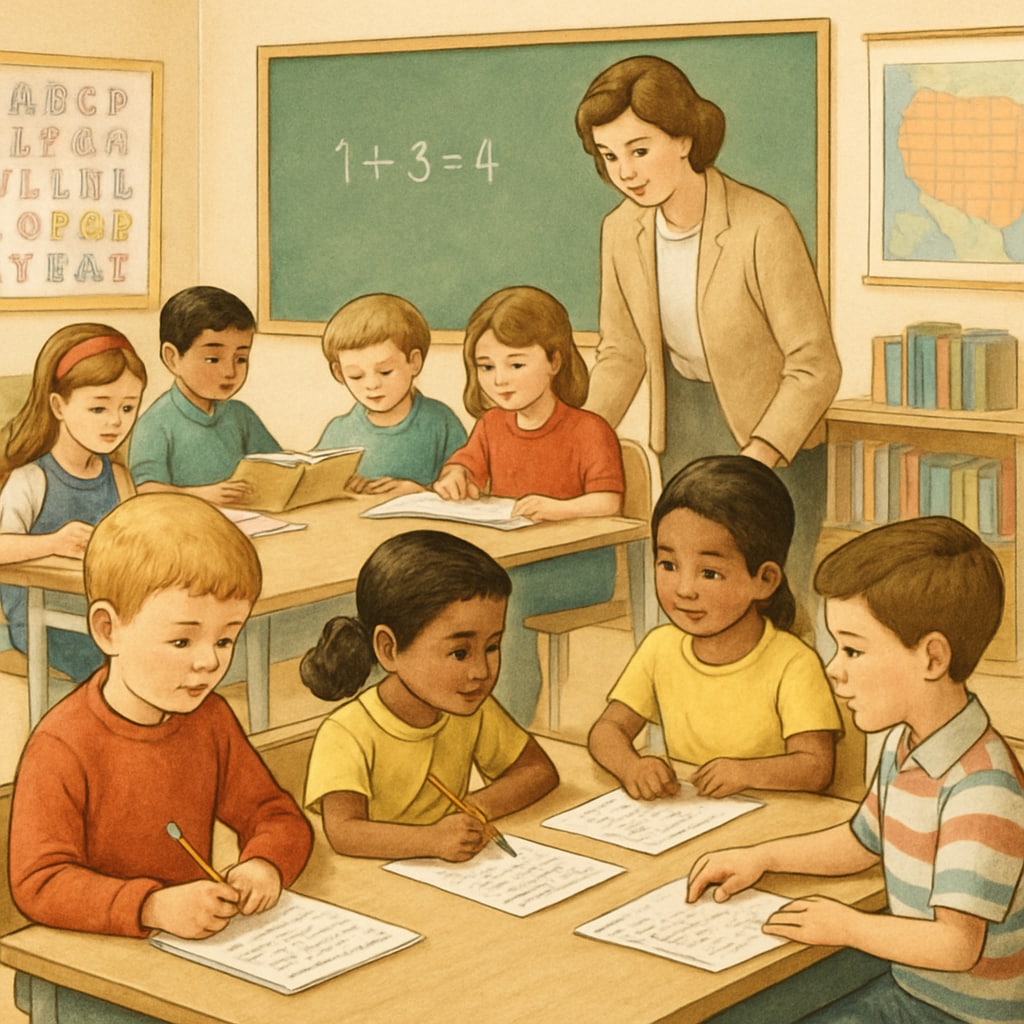 A classroom of first-grade students participating in a structured activity, illustrating the early academic pressures they face. A classroom of first-grade students facing academic challenges.
