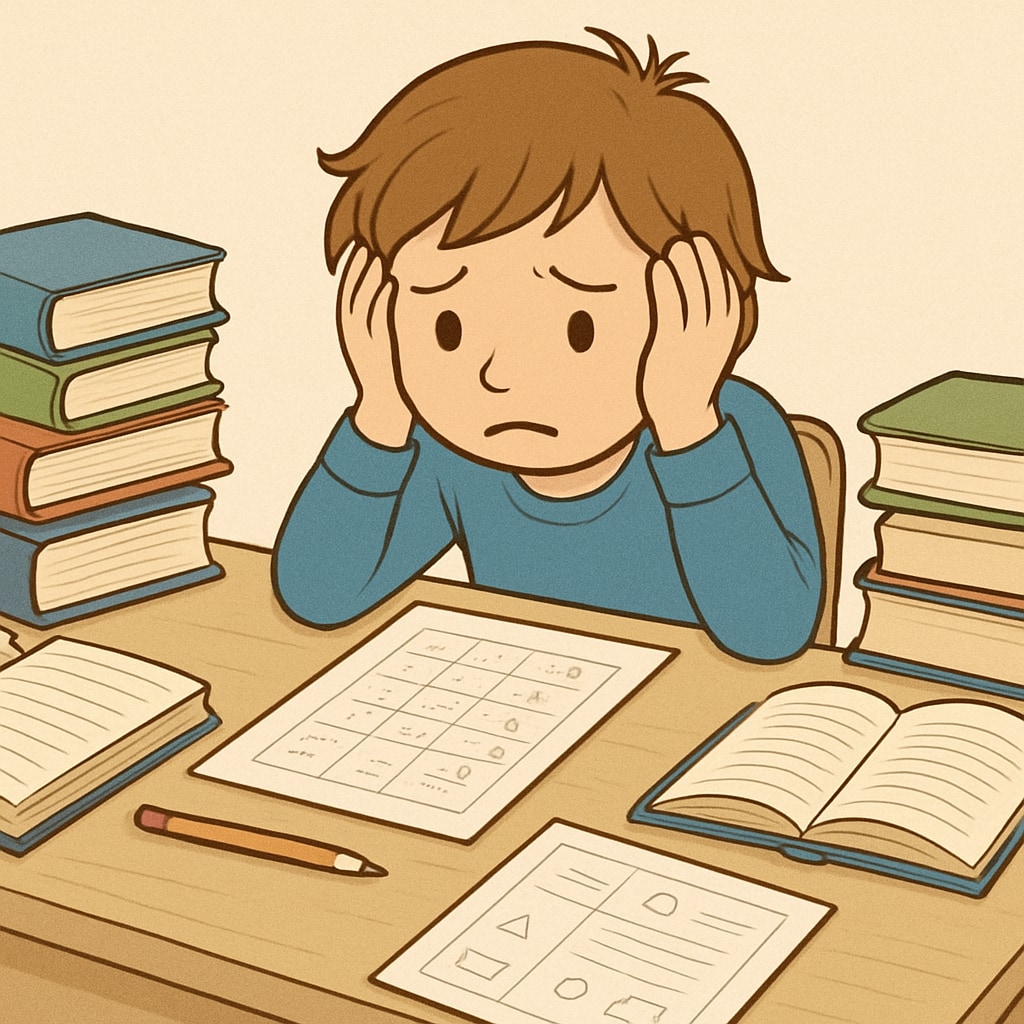 A young child sitting at a desk surrounded by books and worksheets, looking overwhelmed by the amount of work. A young child overwhelmed by academic pressures, symbolizing the challenges of early education.