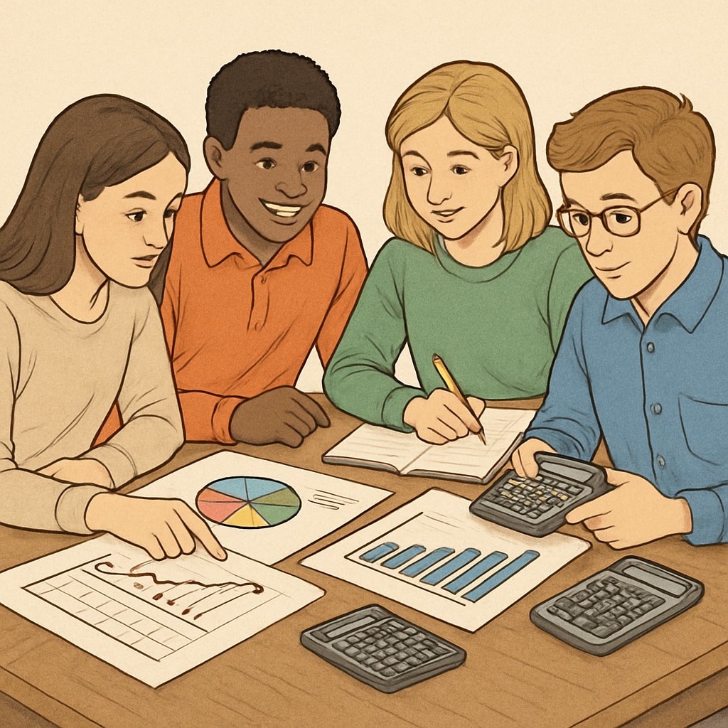 Students collaborating on a financial planning project in a classroom setting.