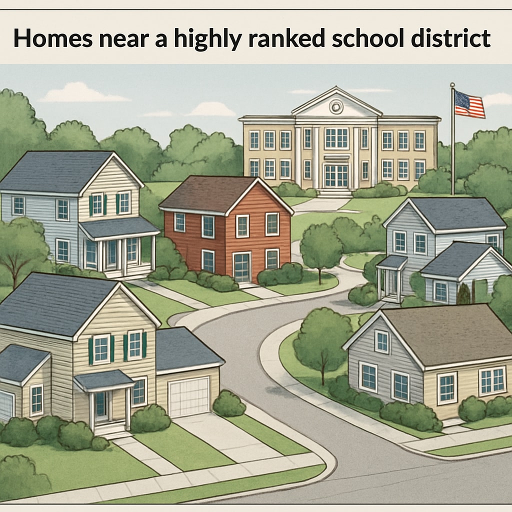 A suburban neighborhood with homes located near a highly ranked school district in the U.S. The image illustrates the connection between real estate markets and education quality. Suburban neighborhood near a top-ranked U.S. school district