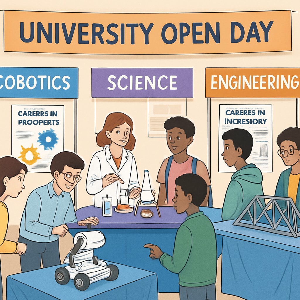 Students visiting university booths to explore STEM majors during an open day.