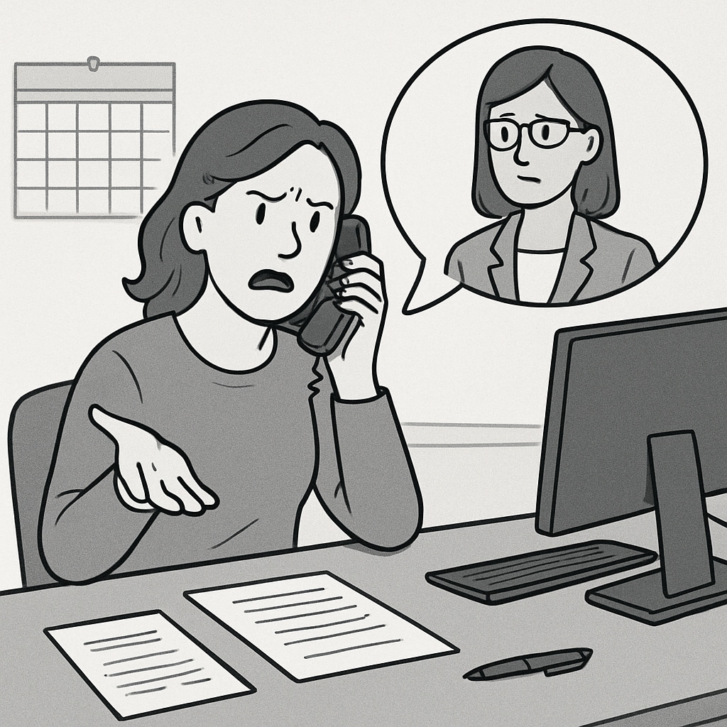 A frustrated parent on the phone with an admissions officer, highlighting the lack of transparency in school transfer processes. Parent discussing SEN school transfer issues on the phone.