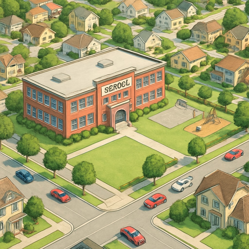 Aerial view of a public school surrounded by residential neighborhoods, showcasing the relationship between schools and housing markets. Public school and surrounding residential area