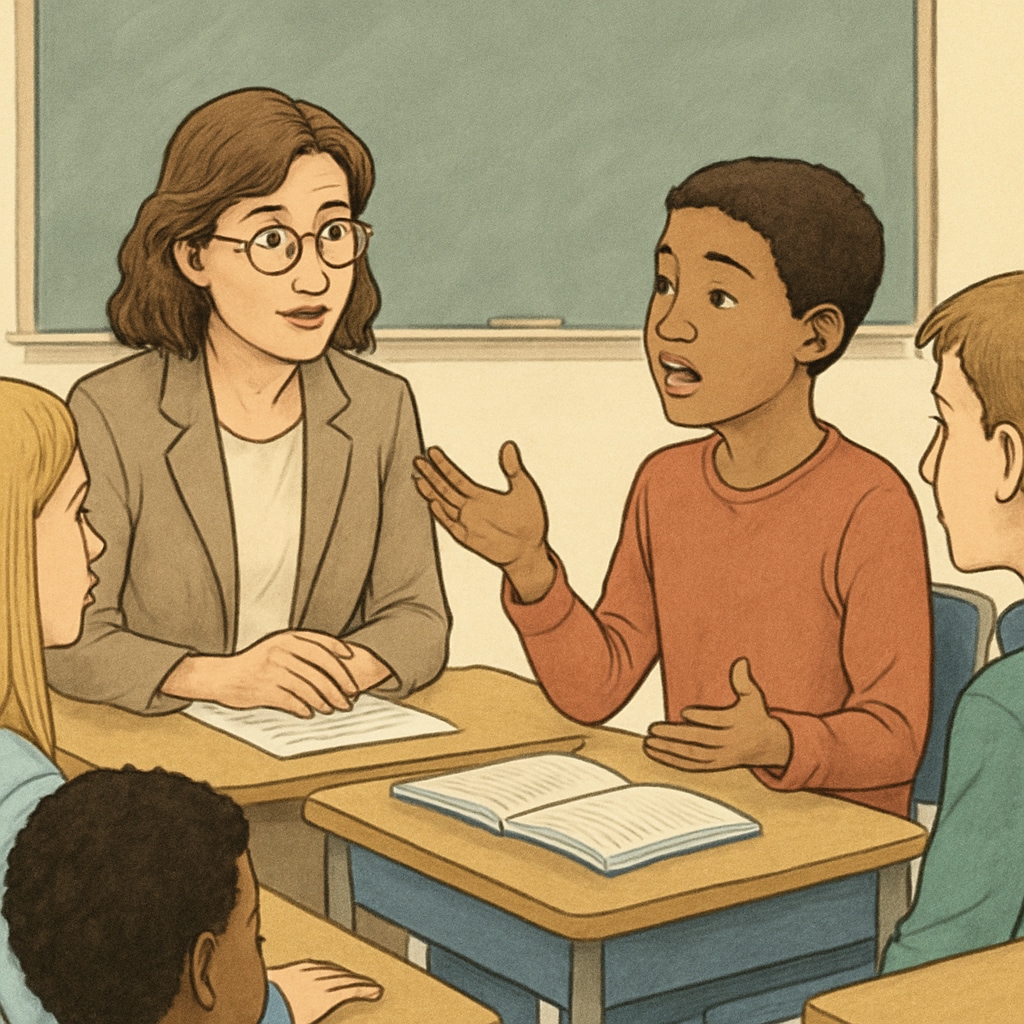 A teacher attentively listening to a student share their ideas during a classroom discussion. A teacher listening to a student, emphasizing the importance of valuing student voices.