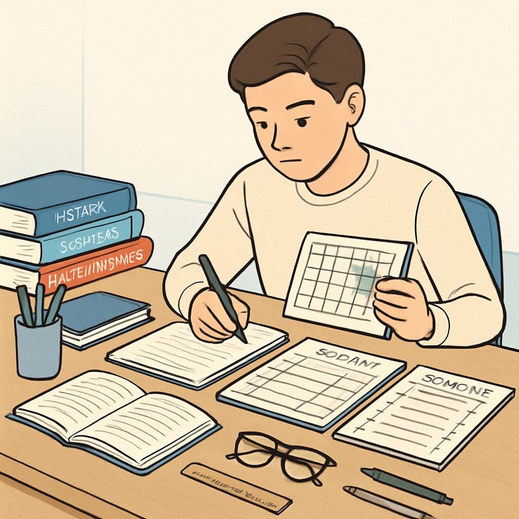 A student organizing study notes and planners on a desk with a focused expression, representing a structured approach to managing academic backlogs. Student organizing study notes and planners for effective time management and exam preparation.