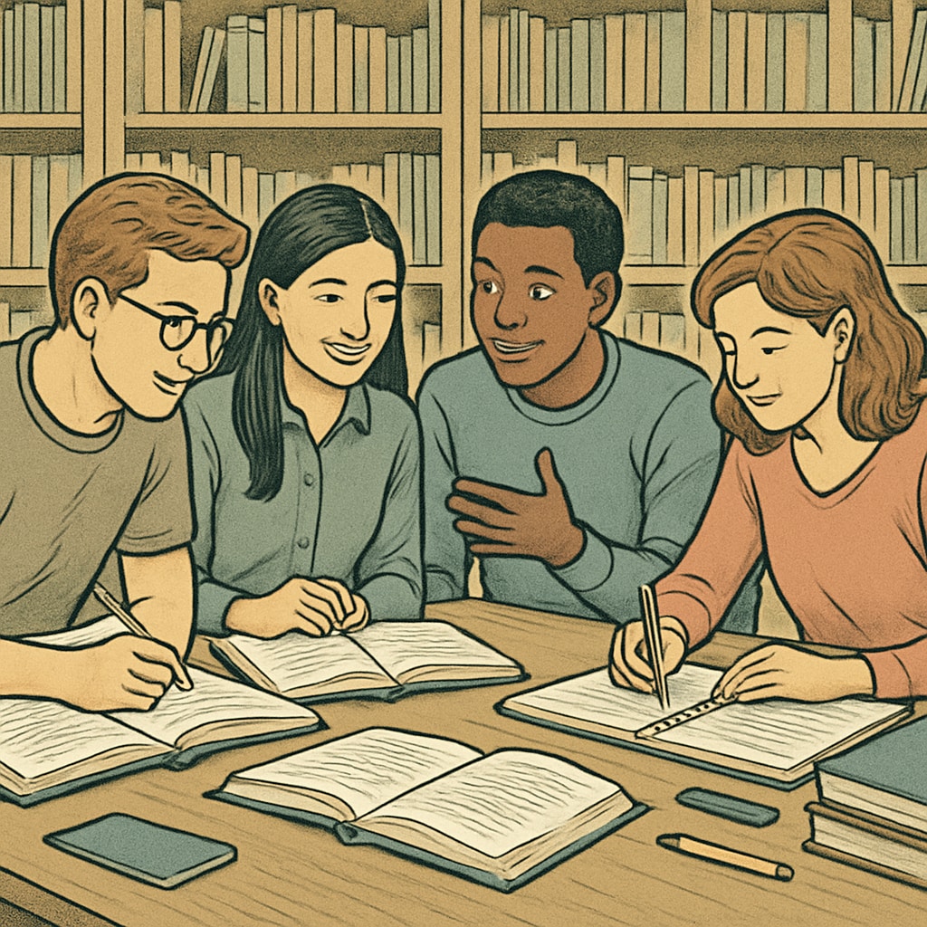 A group of university students collaborating on exam preparation in a library, symbolizing teamwork and strategic study methods. Students preparing for exams together to overcome academic backlogs.