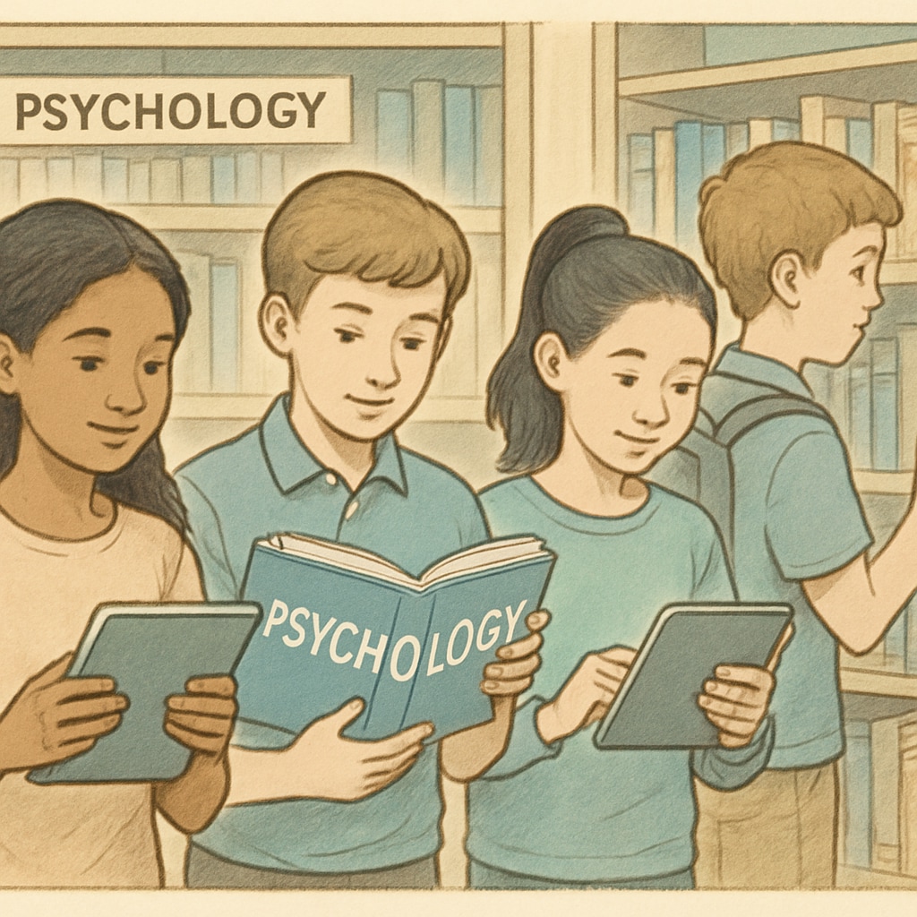 A group of K12 students exploring psychology and philosophy resources on tablets and bookshelves. K12 students learning psychology and philosophy through self-study resources.