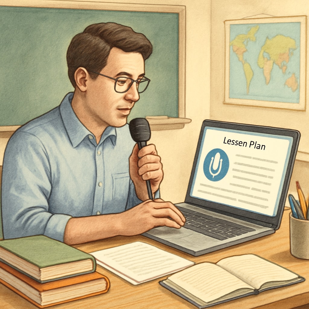 A teacher using a voice-to-text tool on their laptop to generate a lesson plan, representative of WillowVoice in action. Teacher using WillowVoice speech-to-text tool for lesson planning.