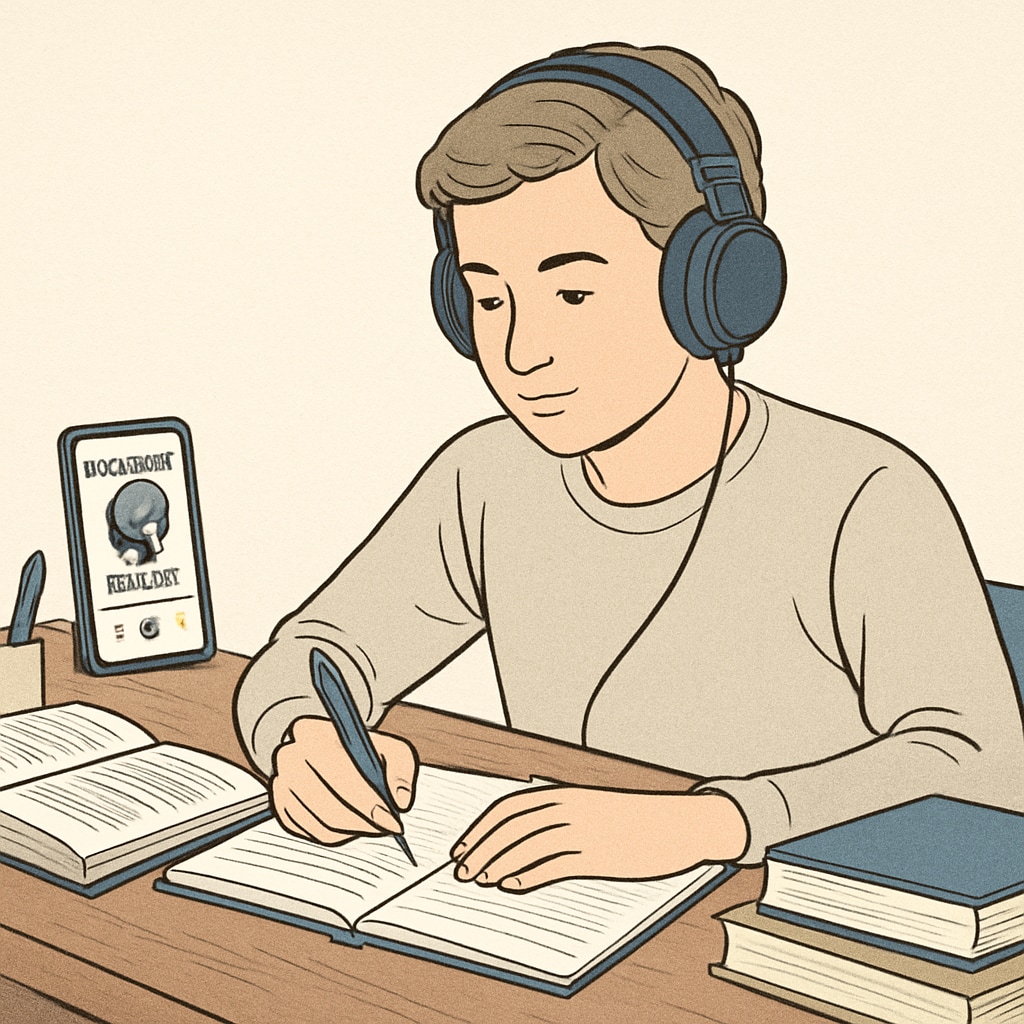 A student listening to a psychology podcast on headphones while writing notes. A K12 student engaging with psychology podcasts for self-learning.