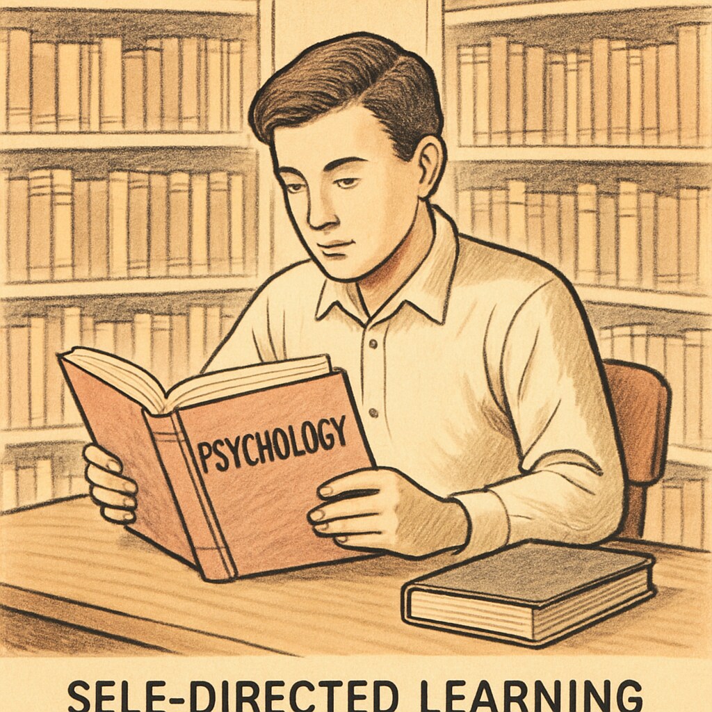 A student reading a psychology book in a library, illustrating self-directed learning. Student reading a psychology book in a library.