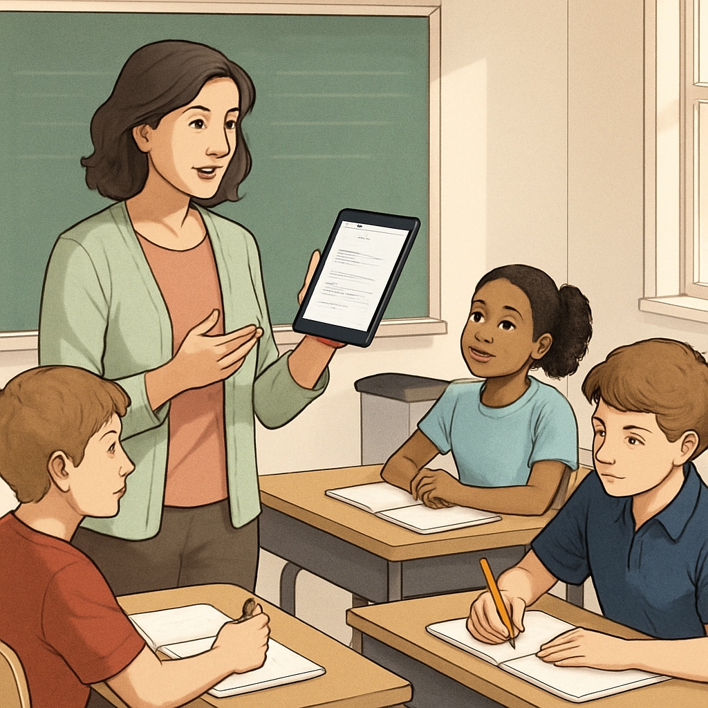 A classroom setting where a teacher is using a tablet device to dictate notes, showcasing the ease of using WillowVoice in education. Teacher dictating notes with WillowVoice speech-to-text in a classroom.