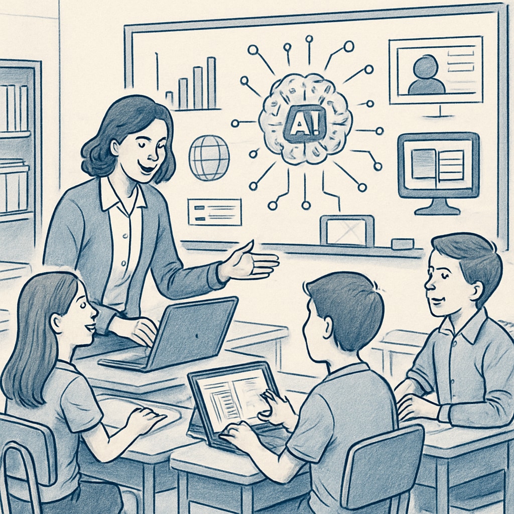 A teacher interacting with students in a technology-rich classroom, supported by AI insights. Teacher facilitating a lesson with AI-driven analytics in a modern classroom.