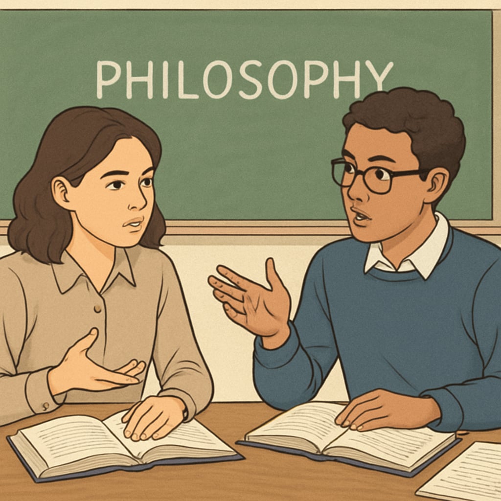 Two students engaging in a philosophy debate during a school club meeting. Students debating philosophical ideas in a school club.