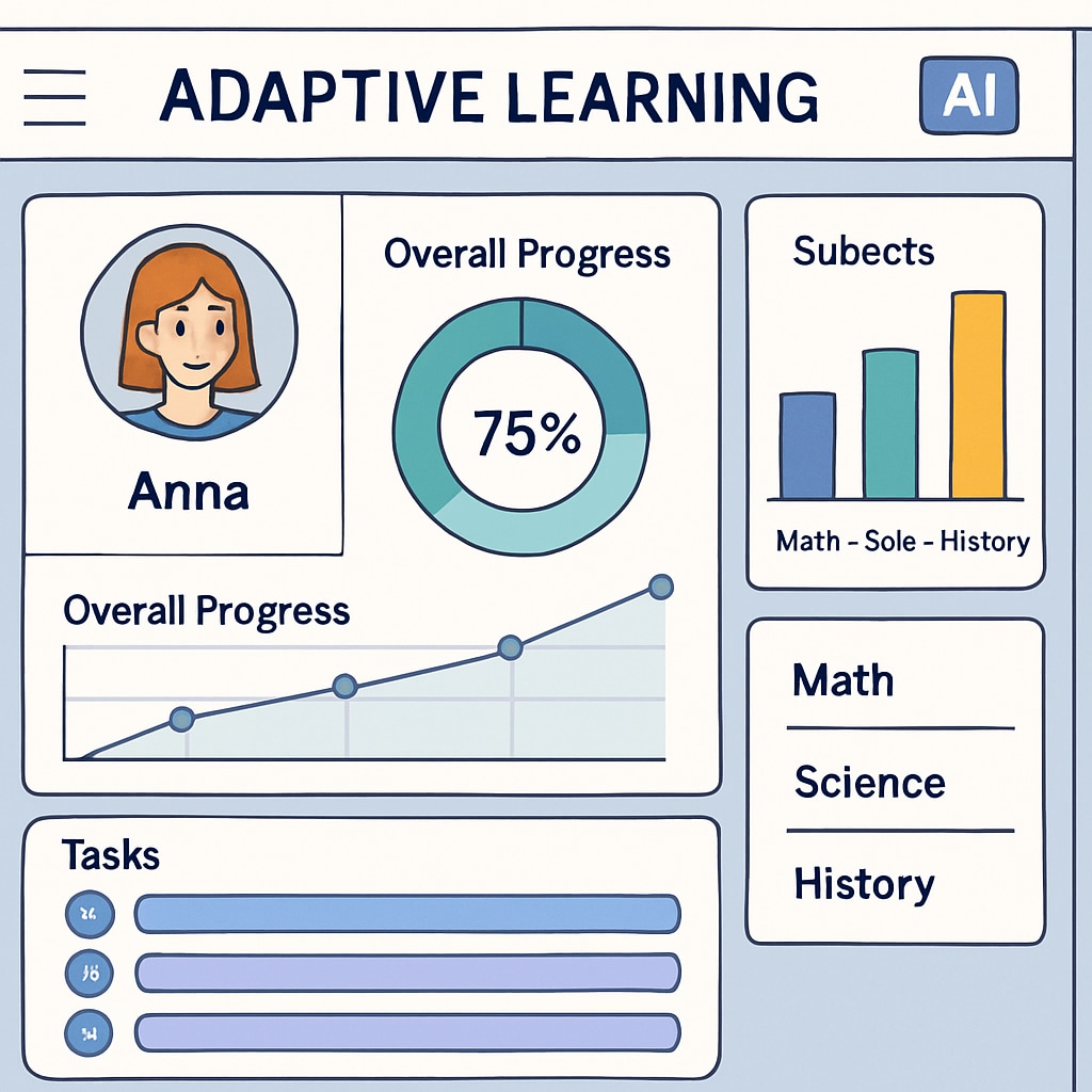 An AI-powered adaptive learning platform interface, showing personalized student dashboards and progress metrics. AI-powered learning platform with personalized student data