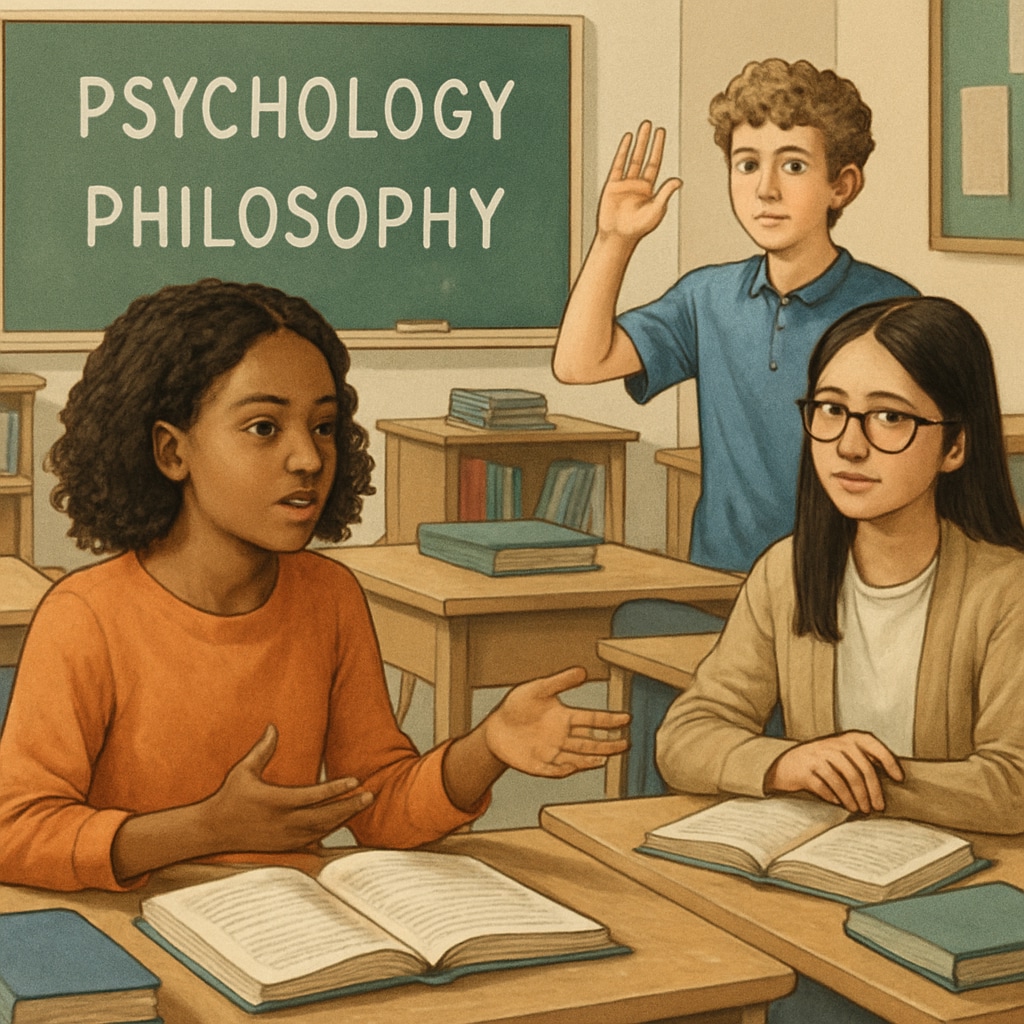 A group of diverse K12 students actively engaged in a discussion about psychology and philosophy in a classroom setting. Students discussing psychology and philosophy in a classroom.