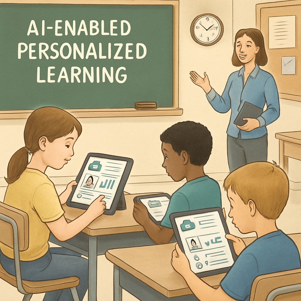 Students interacting with AI-enabled personalized learning platforms on tablets in a classroom. Students using personalized AI learning tools in a classroom setting