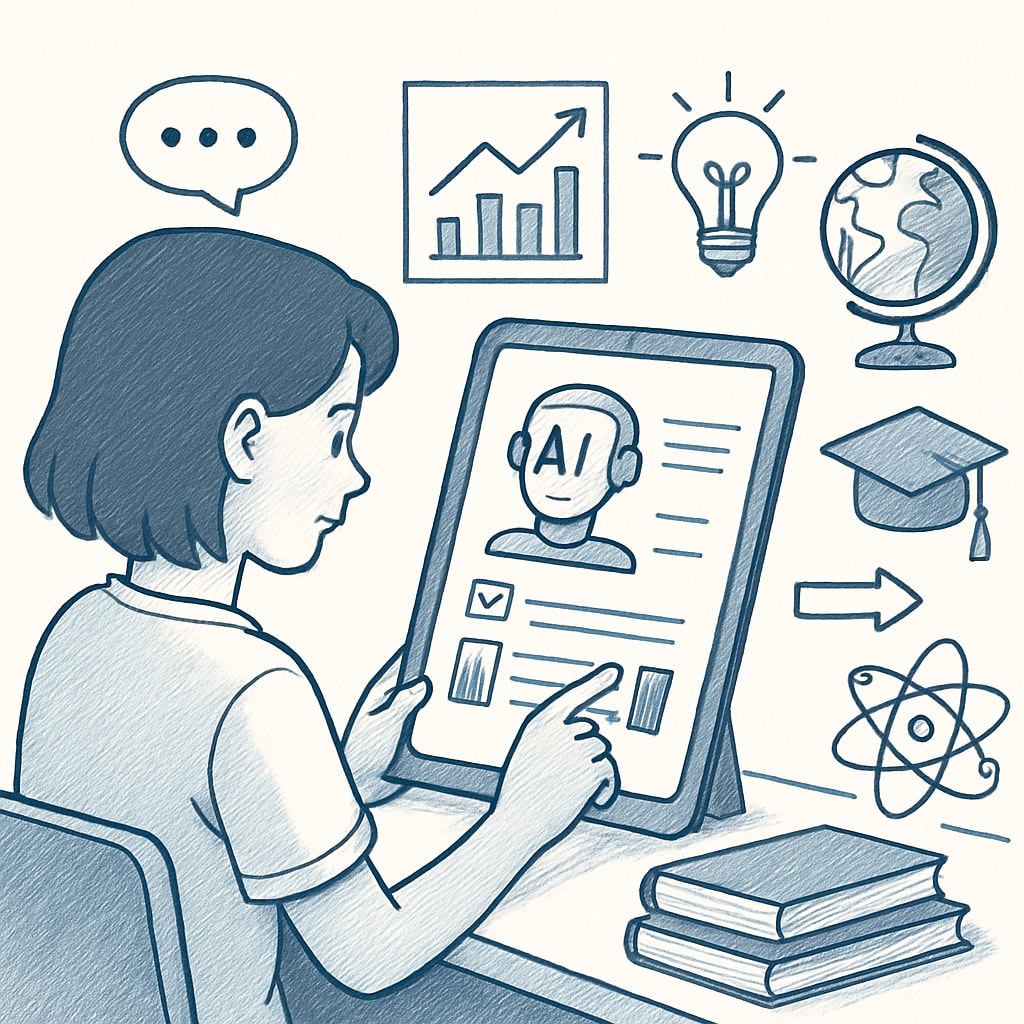 A student using an AI-driven educational platform on a tablet, symbolizing personalized learning in K12 education. AI in education, student using AI tools for personalized learning