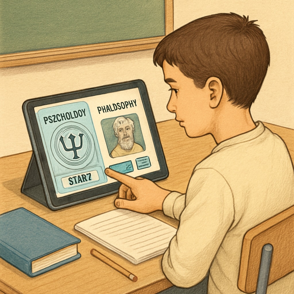 A young student using a tablet to explore interactive psychology and philosophy resources online. K12 student exploring psychology and philosophy resources on a tablet.