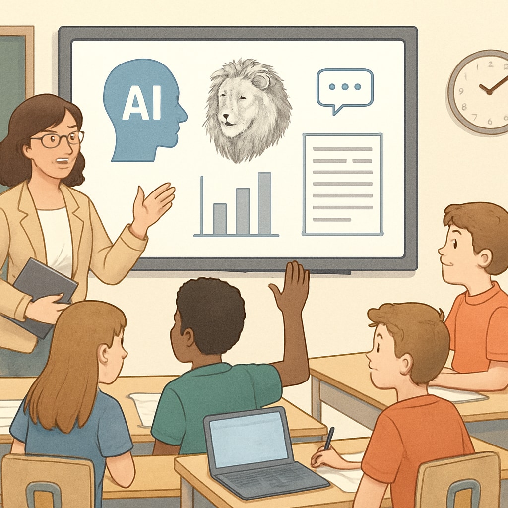 A teacher collaborating with students, supported by AI-driven tools displayed on a smartboard. AI in education, teacher using smartboard tools in K12 classroom