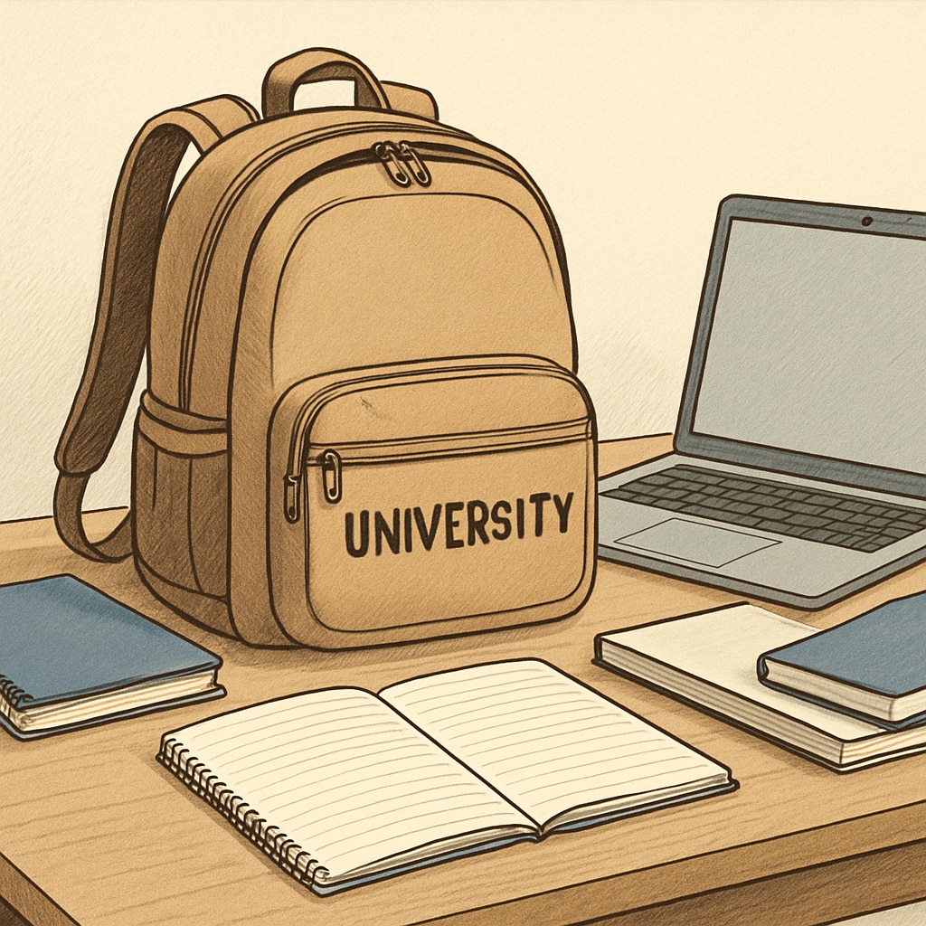 A stylish yet functional university backpack sitting on a study desk, surrounded by notebooks and a laptop. Affordable and spacious university bag on a study desk.