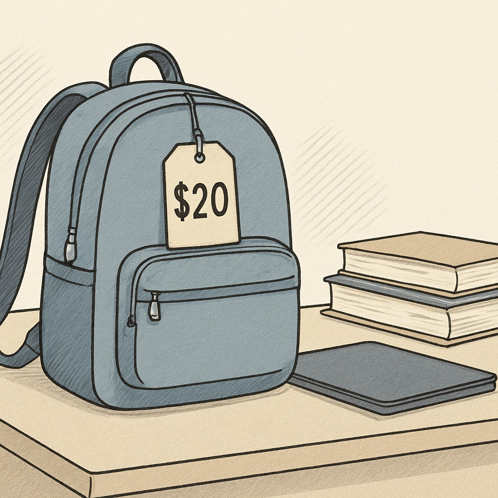 Affordable college backpack displayed with price tags and student essentials.