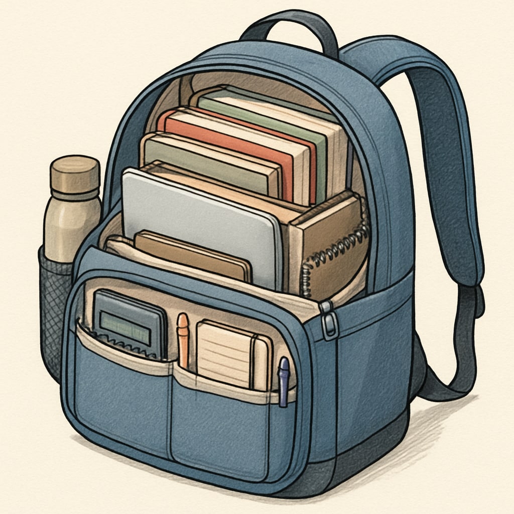 A close-up of a backpack with multiple compartments, showcasing its spacious interior filled with books, gadgets, and other essentials. Spacious university bag with organized compartments for essentials.