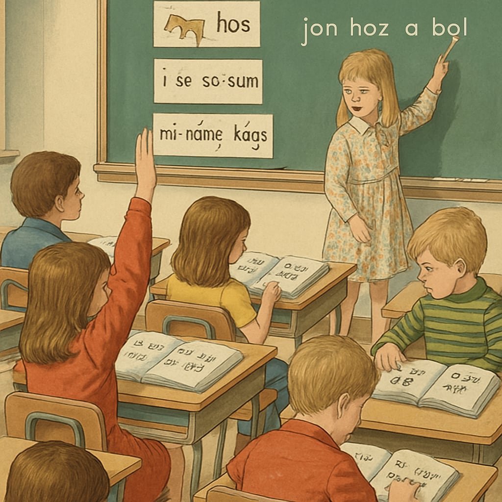 A classroom in the 70s with children learning using the Initial Teaching Alphabet. A 70s classroom where children are taught using the Initial Teaching Alphabet, showcasing its educational use.