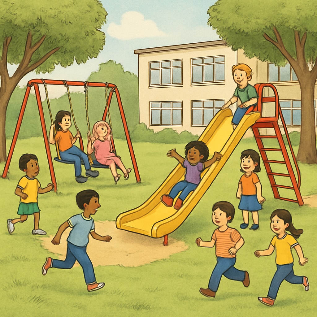 A vibrant school playground with children playing on swings and slides, illustrating the importance of outdoor facilities in education. Children playing on a colorful playground, emphasizing the role of outdoor facilities in elementary education.