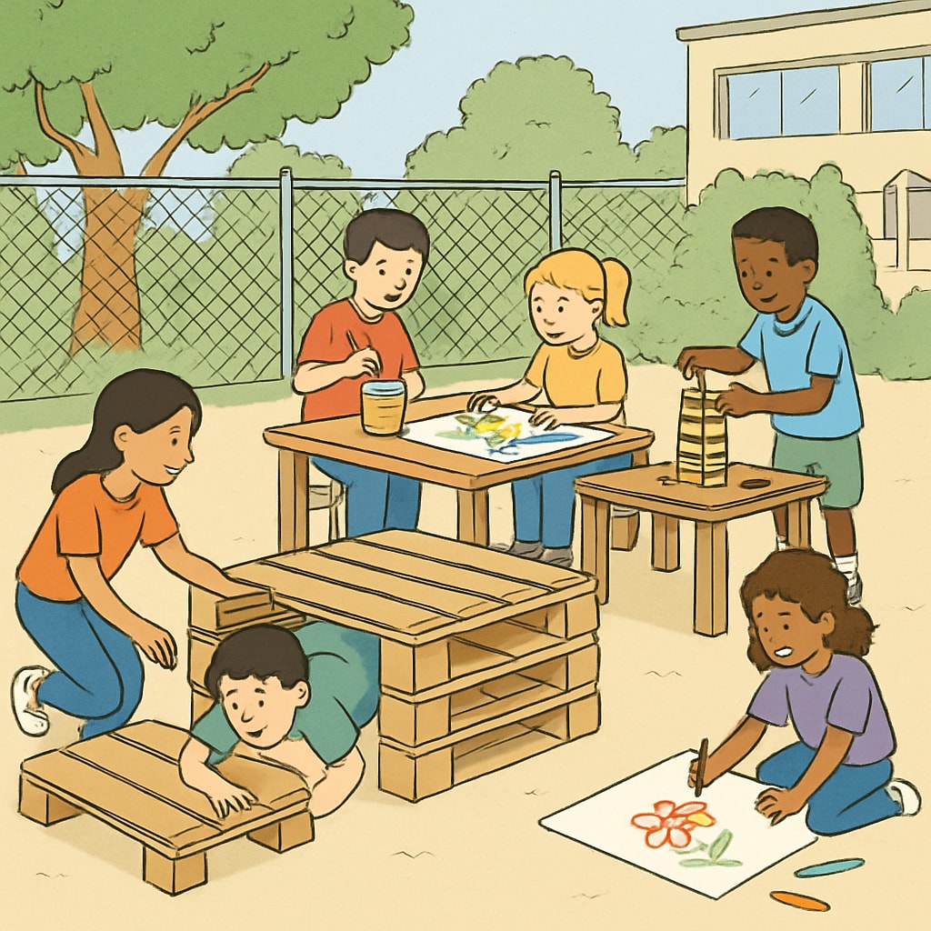 A temporary school playground setup with children engaging in creative outdoor activities, emphasizing resourcefulness. Children playing in a temporary school playground, illustrating resourcefulness in non-ideal settings.