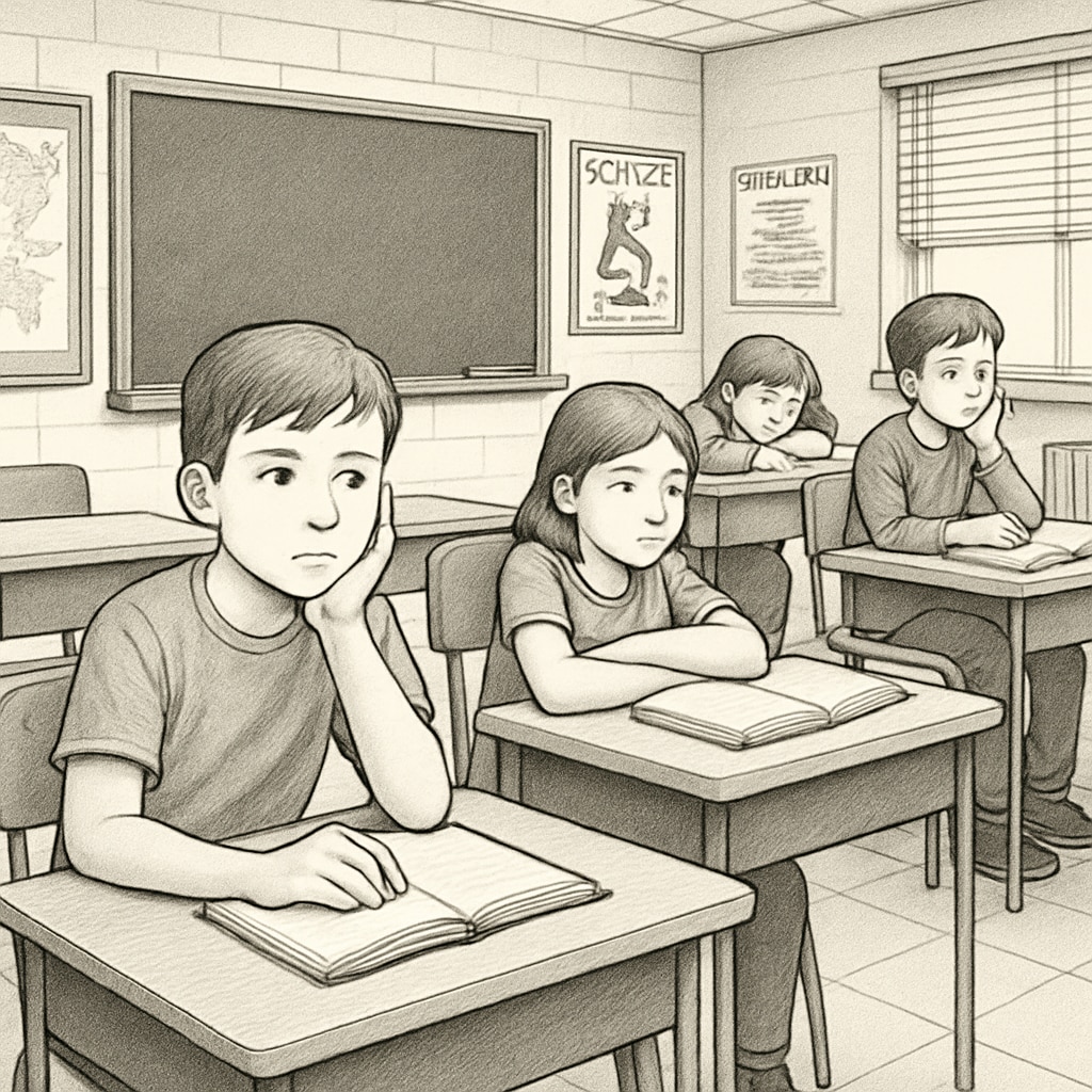 A group of young children sitting at desks in a high school-style classroom, looking disengaged, to illustrate the mismatch between environments. Children in a high school classroom, highlighting the challenges of school relocation.