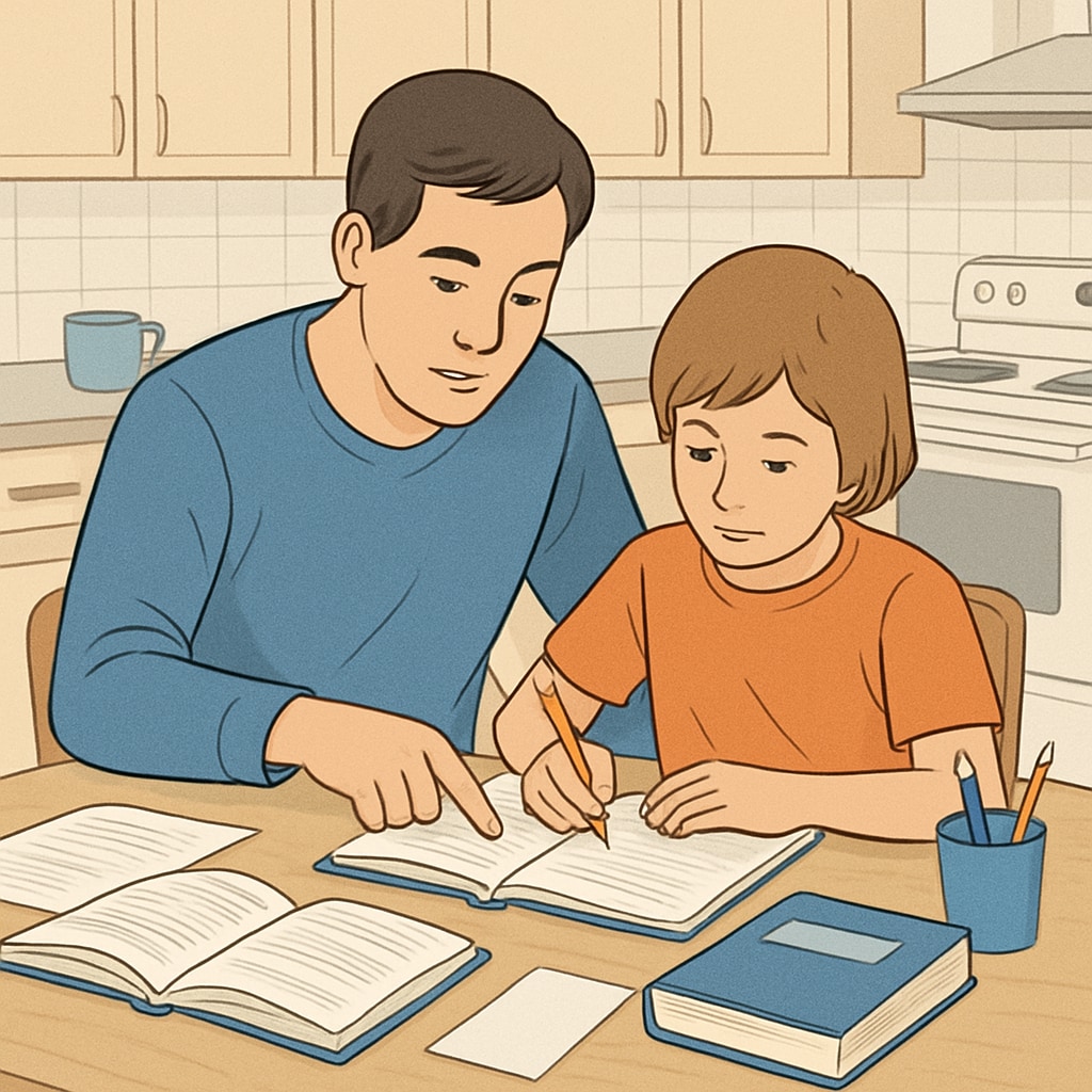 A parent assisting a child with homework at a kitchen table, symbolizing the importance of parental involvement in education. Parent and child working on homework together, highlighting parental involvement in learning.