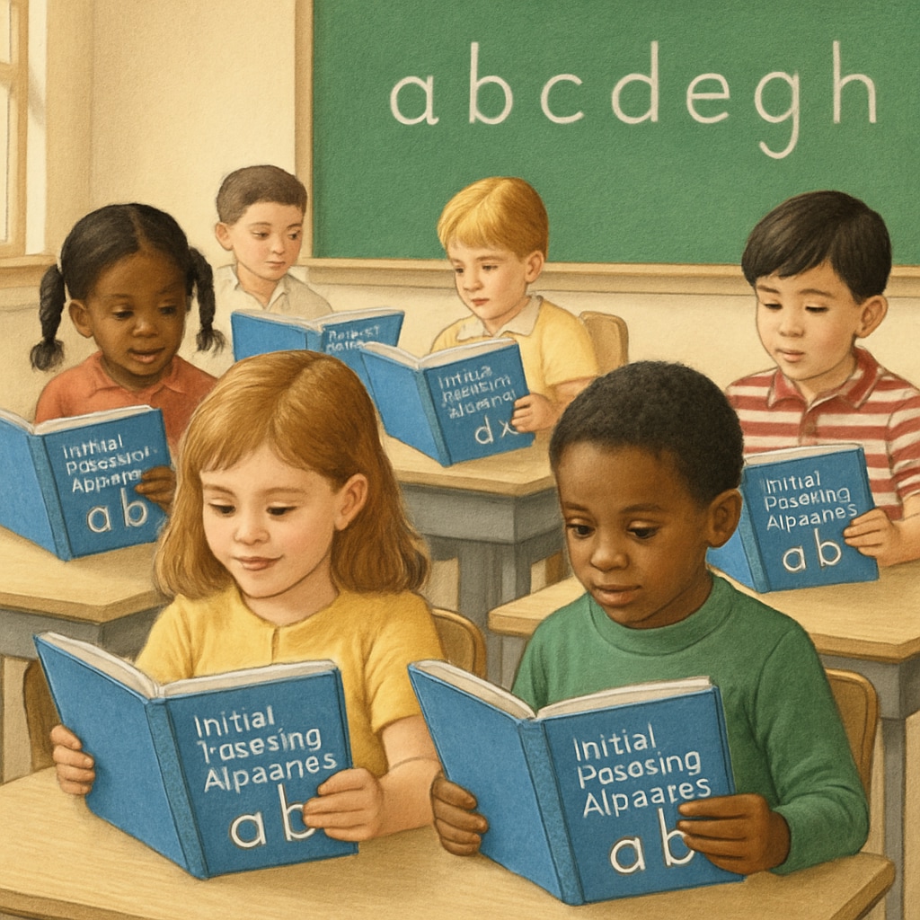 A vintage classroom scene with children using Initial Teaching Alphabet books. Students learning with Initial Teaching Alphabet materials in a 70s classroom.