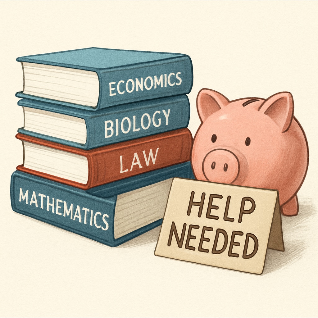A stack of textbooks and a piggy bank with a A piggy bank and textbooks representing financial challenges in higher education.