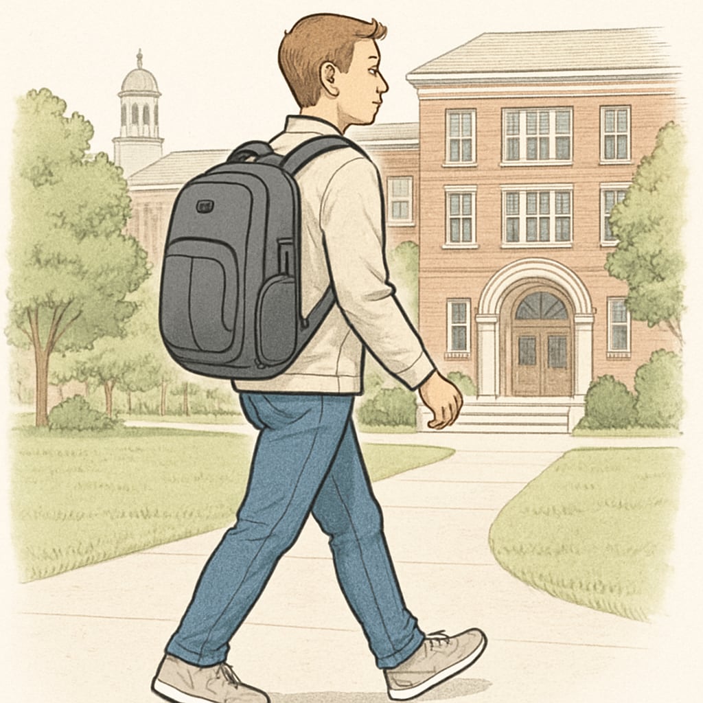 A student walking on campus with a modern, tech-friendly backpack. A student carrying a tech-friendly and affordable backpack on campus.