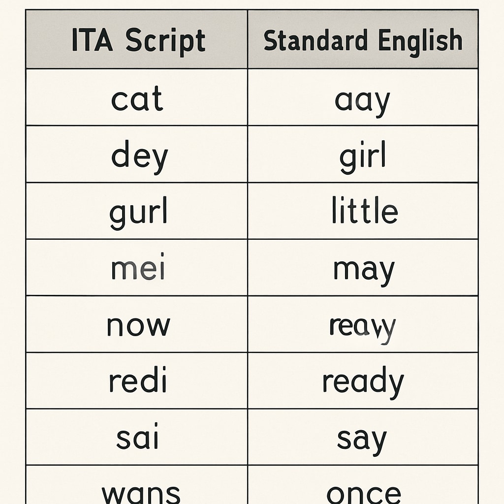 A comparison chart showing ITA script versus standard English spelling for common words. Chart comparing Initial Teaching Alphabet and standard English spellings.