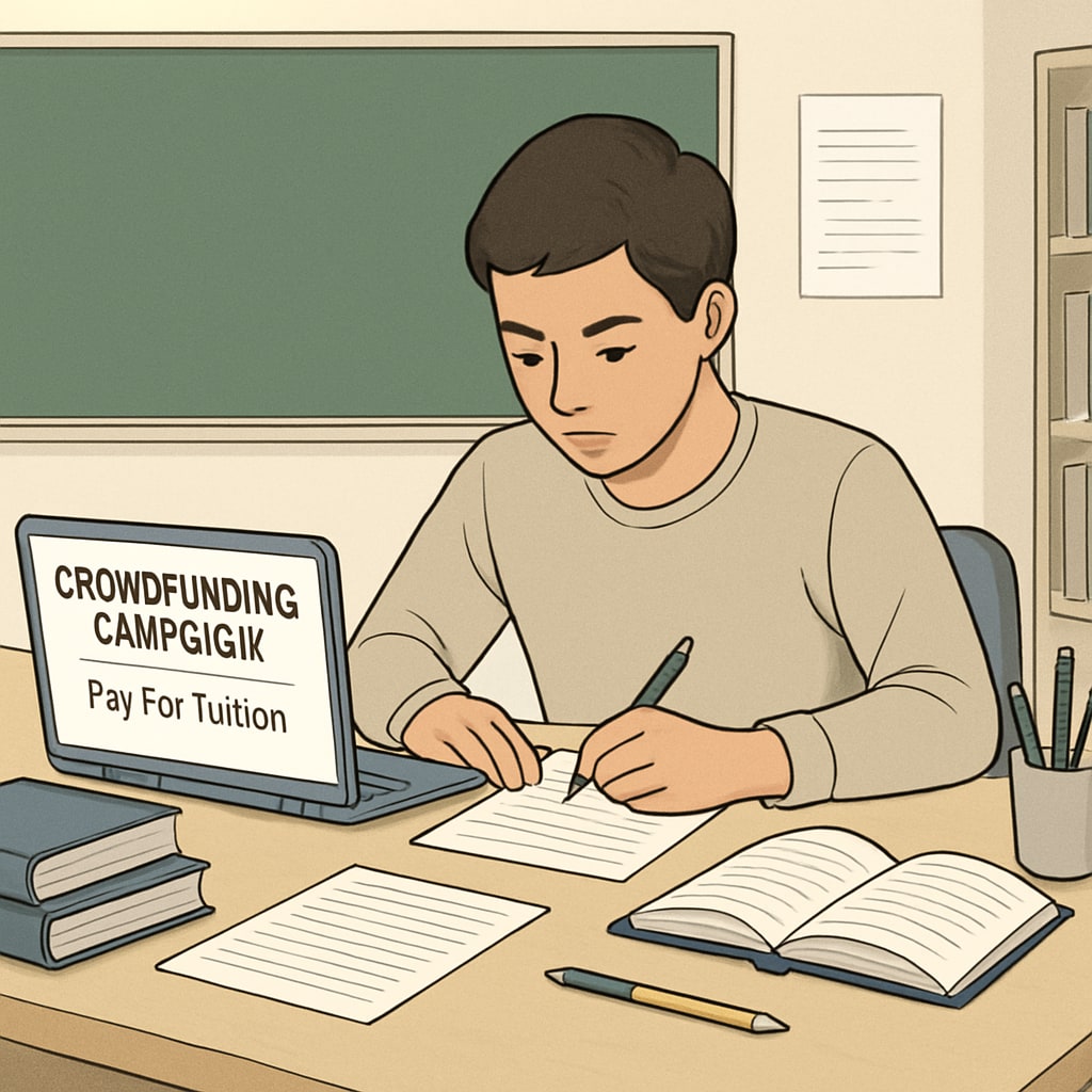 A student sitting at a desk with a laptop, writing a crowdfunding campaign to pay for tuition. A college student working on a crowdfunding campaign for tuition fees.