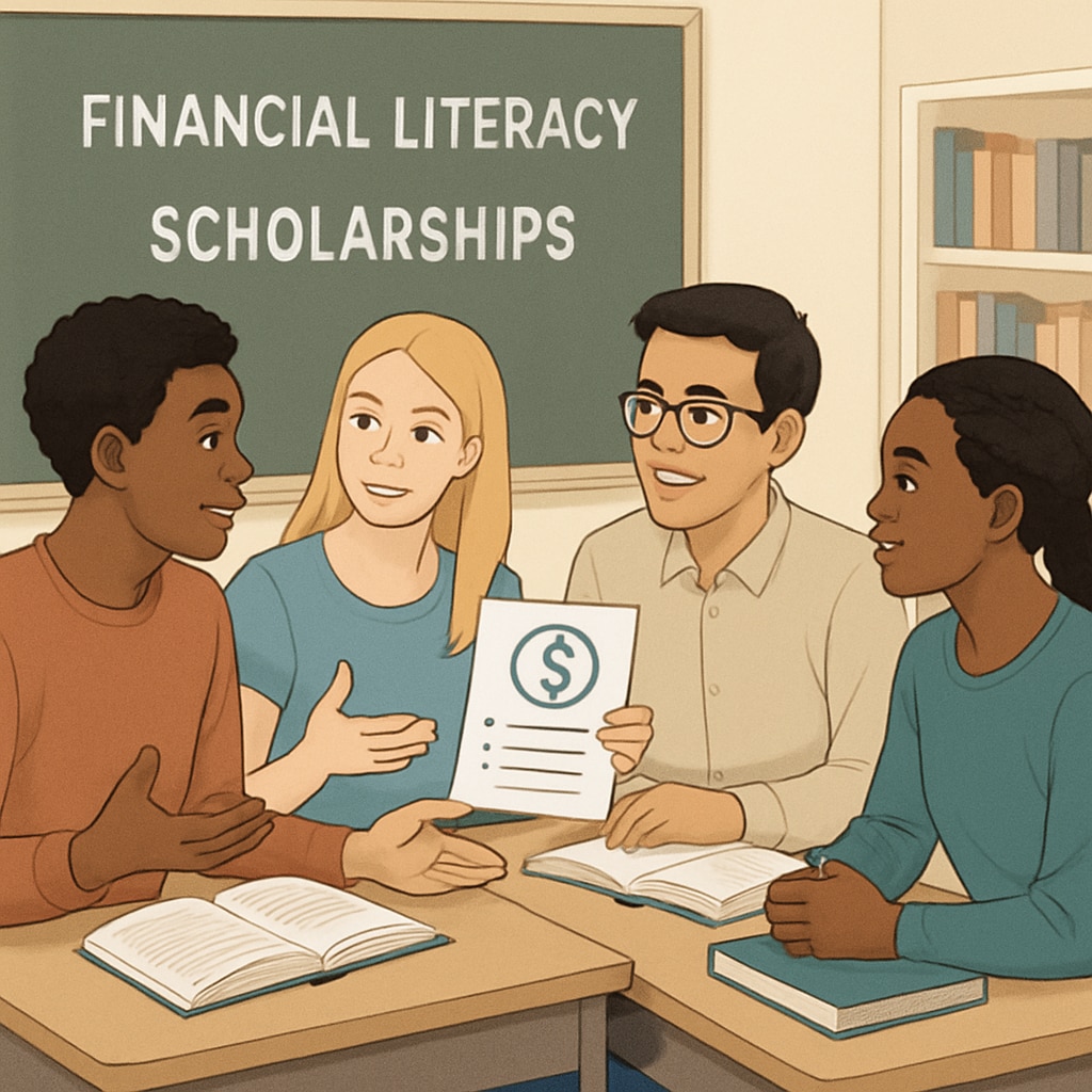 A group of diverse students in a classroom, discussing financial literacy and planning for scholarships. Students discussing financial literacy and college preparation.