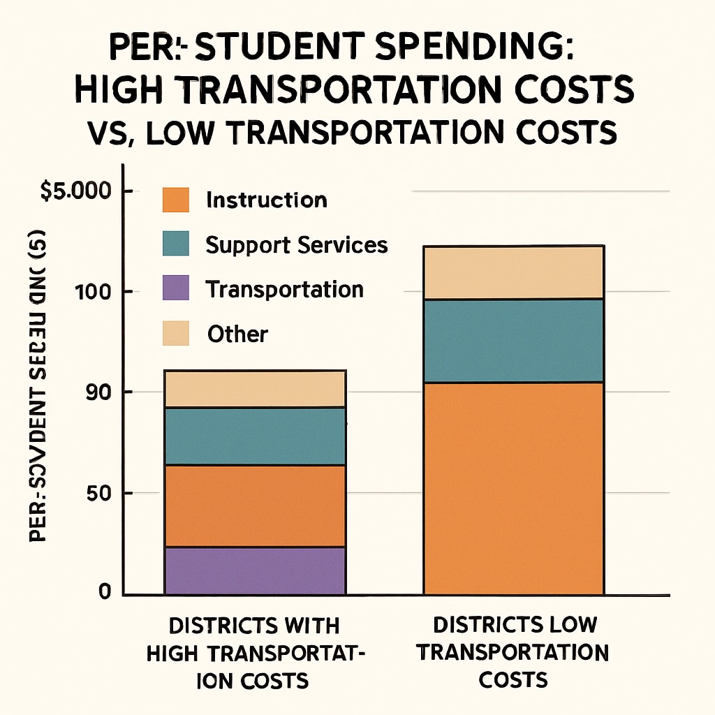 A chart comparing per-student spending figures in districts with high transportation costs versus districts with low transportation costs. The chart highlights discrepancies in spending allocation. Chart showing the impact of transportation costs on per-student spending data.
