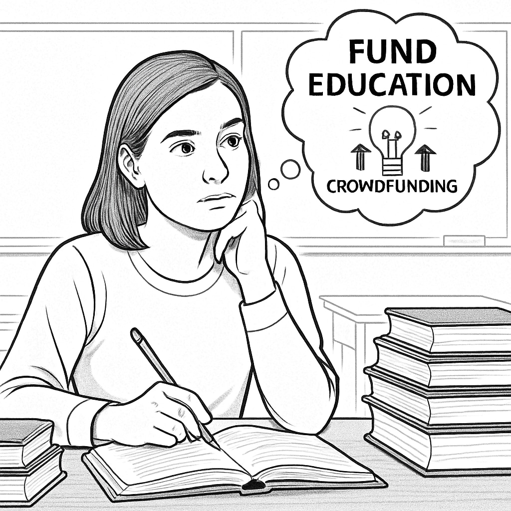 A student sitting at a desk surrounded by textbooks, contemplating how to fund her education through crowdfunding. A student contemplating crowdfunding to overcome tuition challenges for medical school.