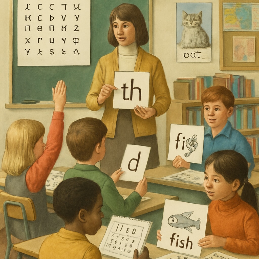 A classroom from the 1970s showing children learning with Initial Teaching Alphabet materials. 1970s classroom with children using Initial Teaching Alphabet materials