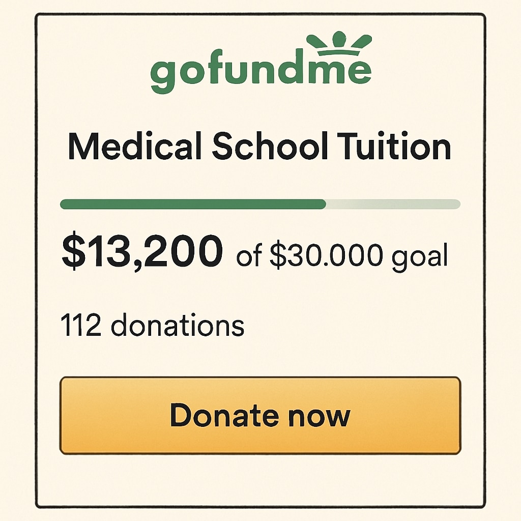 A screenshot of a GoFundMe campaign for medical school tuition, showing progress toward funding goals. A GoFundMe campaign screenshot for medical school funding.