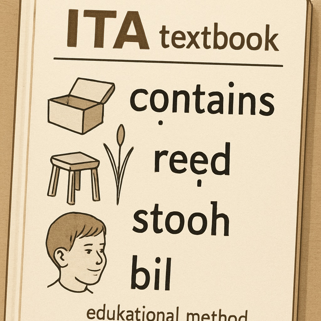 A close-up of a 1970s ITA textbook, highlighting its unique phonetic symbols and teaching approach. 1970s Initial Teaching Alphabet textbook with phonetic symbols