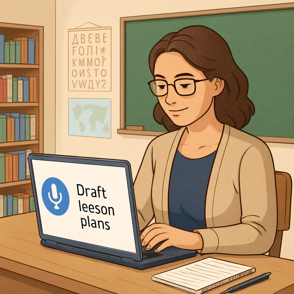 A teacher using speech-to-text software to draft lesson plans on a laptop in a classroom setting. Teacher drafting lesson plans using speech-to-text software to enhance education efficiency.