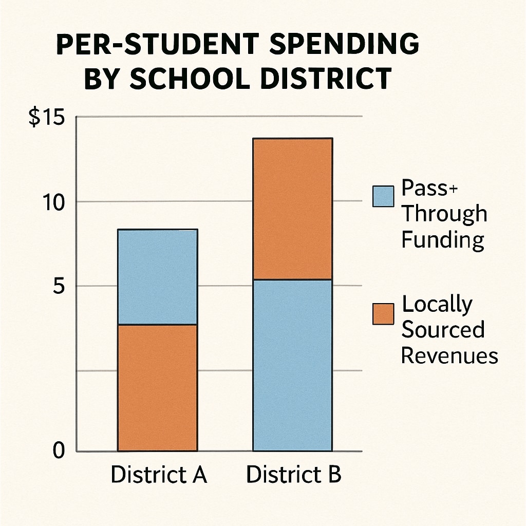 A bar graph comparing per-student spending in two school districts, with a clear distinction between pass-through funding and locally sourced revenues. Bar graph illustrating the impact of pass-through funding on per-student spending.