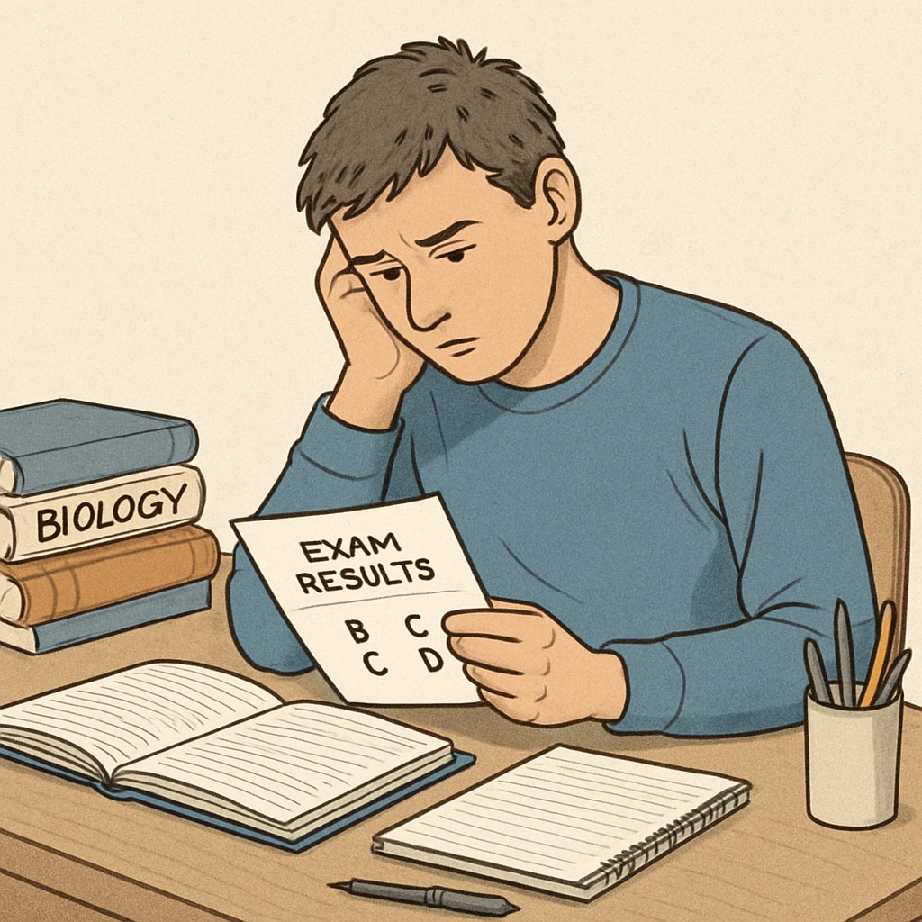 A student reviewing A-level exam results, looking contemplative at a study desk. This image represents the emotional process of decision-making after academic setbacks. Student reviewing A-level exam results at a desk.