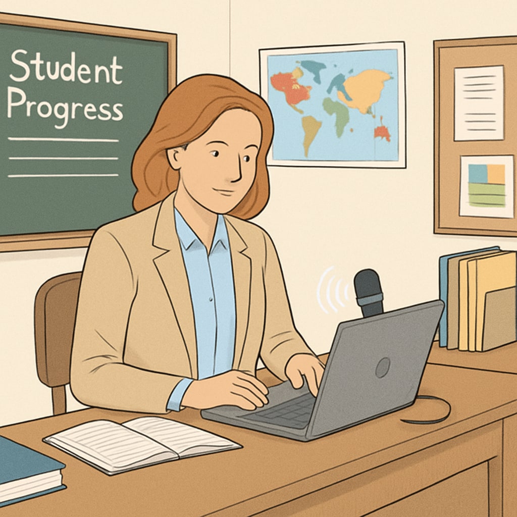 A teacher using voice to text software to document student progress on a laptop in a classroom setting. Teacher using voice to text software for documenting student progress in education workflow.