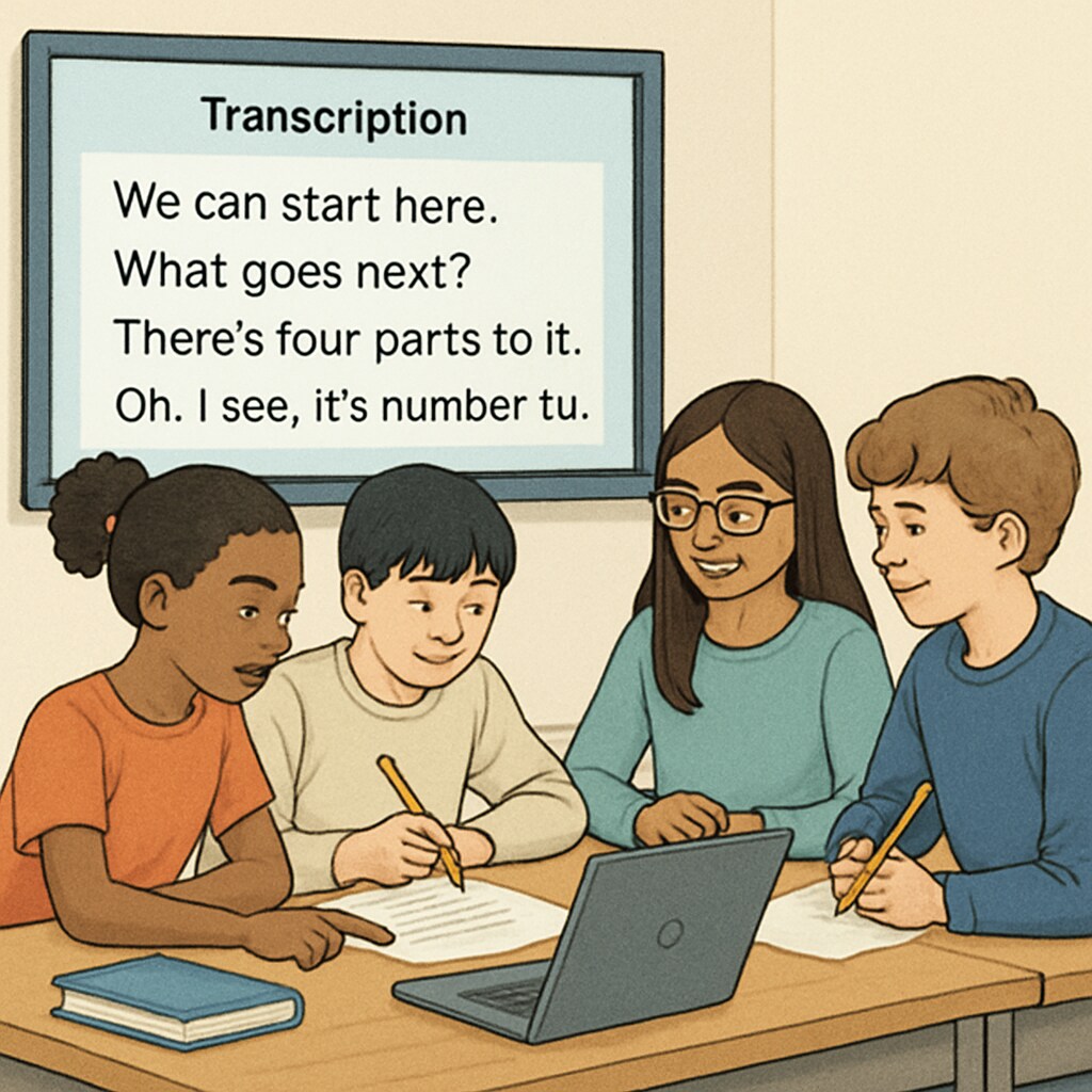A diverse group of K12 students engaging in a collaborative activity, with a speech-to-text system transcribing their discussion on a shared screen. K12 students using WillowVoice for collaborative learning, with real-time speech-to-text transcription.