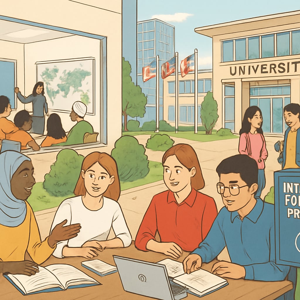 An international campus with diverse students, symbolizing global education opportunities. This image highlights the advantages of enrolling in foundation programs abroad. International campus with diverse students walking outdoors.